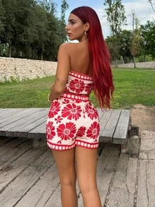 Bearsaez Nouveau ensemble 2 pièces avec Top tube floral bleu et blanc avec lien et short taille élastique forme trapèze pour vacances - Rouge et Blanc - Voir 2