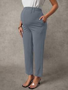 MaterniChic Maternity Casual Solid Color Adjustable Waist Pants With Slant Pockets - Grey - View 5