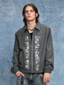 ROMWE MEN Men Floral Embroidered Zip-Up Casual Long Sleeve Collared Jacket, Fall - Black - View 5