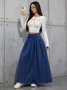 SHEIN Gonna di jeans plissettata a vita bassa extra lunga per ragazze adolescenti, gonna a-line casual in colore unito con orlo ampio, abbigliamento casual quotidiano, abbigliamento da festa per ragazze, pantaloni da festa autunnale e invernale per ragazze, abbigliamento vintage casual e versatile, adatto per scuola, casa e viaggio, costume di Ognissanti per ragazze - Blu lavato scuro - Visualizzare 6