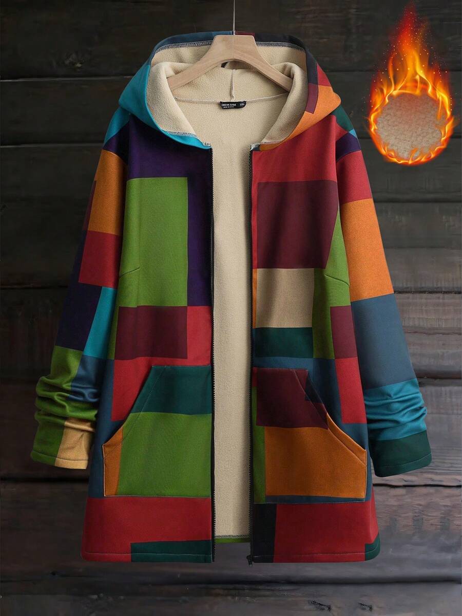 Linhara Giacca lunga con cappuccio in pile composito a quadri colorati digitali per taglie forti da donna - Multicolore - Visualizzare 1