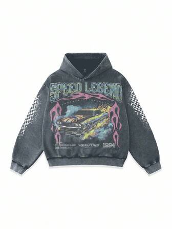 Street Life Felpa con cappuccio da uomo con stampa di lettere e cartoni animati, stile vintage da strada, top a maniche lunghe