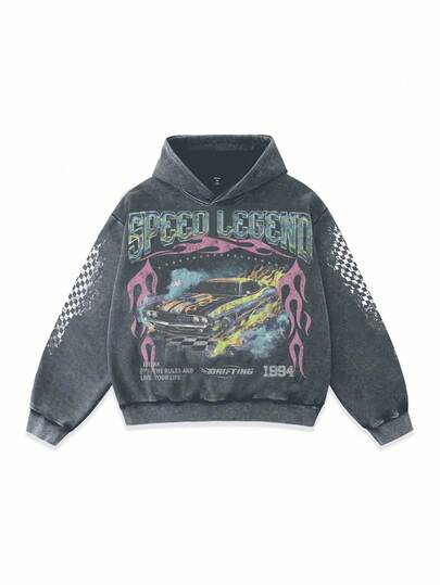 Street Life Sudadera corta con capucha desgastada para hombre, estilo callejero vintage