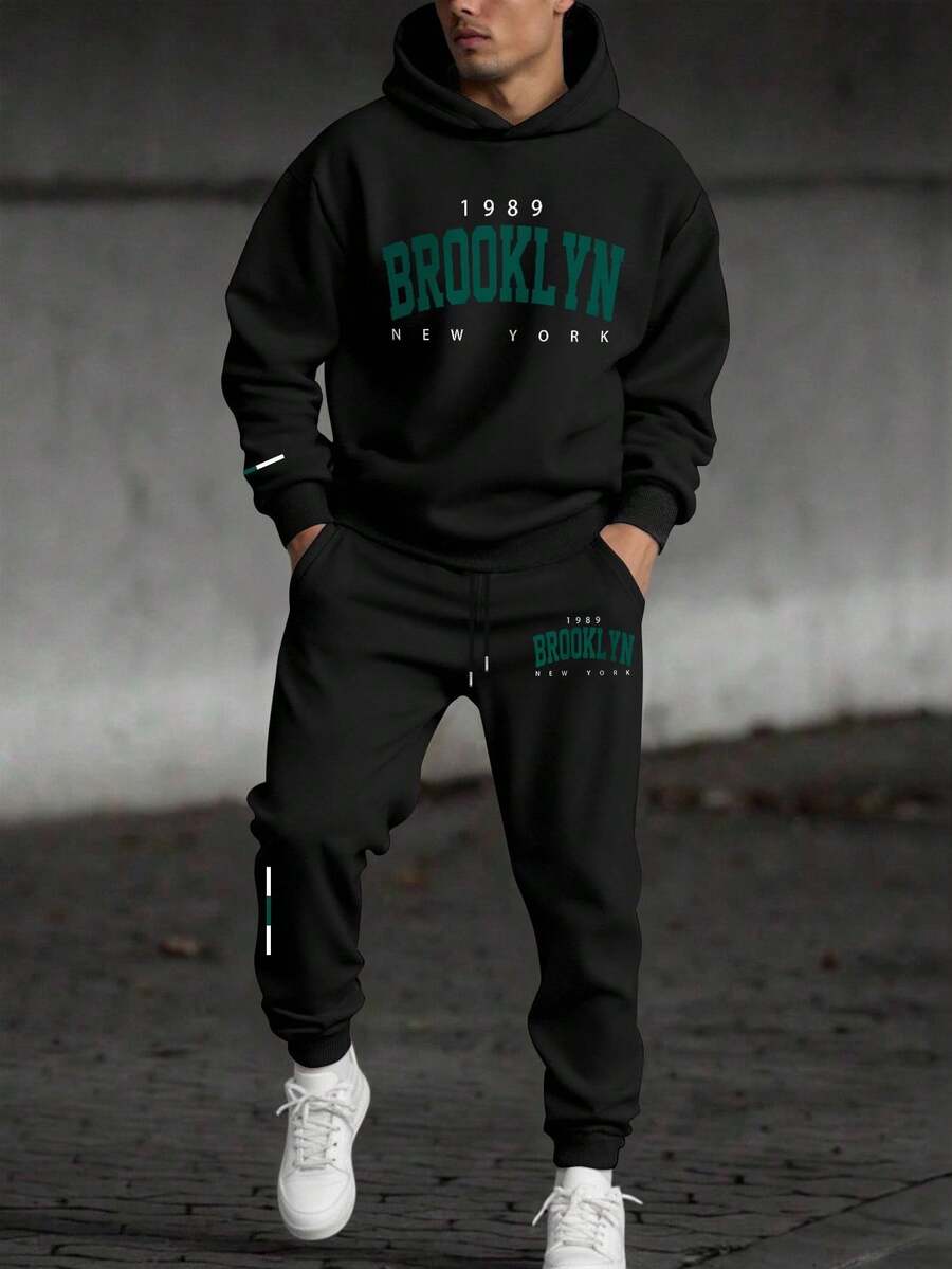 Manfinity Homme 男士纽约标语印花休闲保暖卫衣和运动裤套装（2件套），秋冬男装，男士礼物，男友秋季穿搭，舒适秋冬款式 - 黑色 - 查看 1