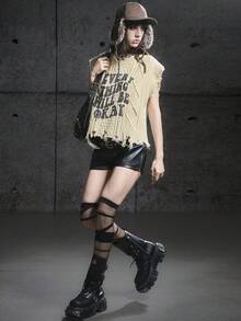 Bloopia 复古叛逆摇滚街头标语涂鸦印花休闲个性化极简主义女款秋冬万圣节设计纹理做旧无袖套头毛衣背心 - 杏色 - 查看 4