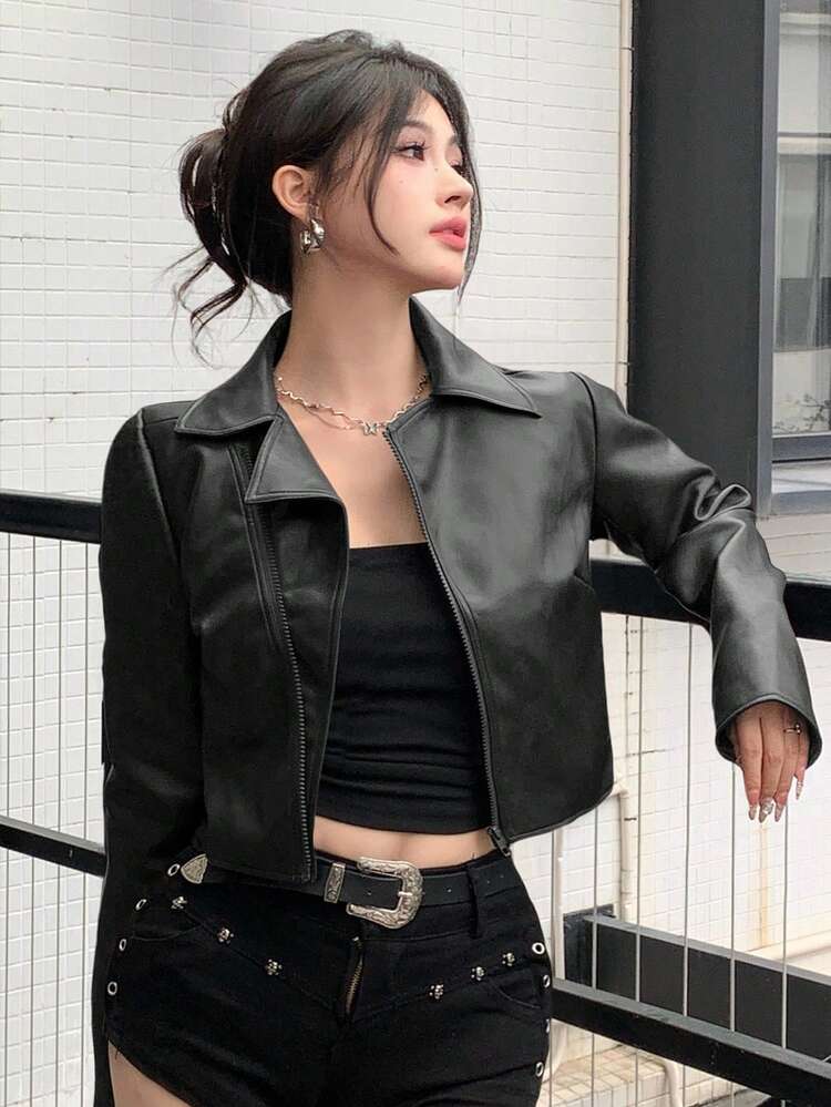 Women's Casual Short PU Leather Jacket, Street Style, Autumn/Winter Y2k