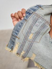 Young Girl' Y2k Retro Blue Denim Ripped Short Jacket,Fall Clothes,Winter Clothing ,Casual And Fashionable Vacation Outfits,Street Wear,2000s Style ,Christmas Denim Jacket,Vintage Clothes Kid