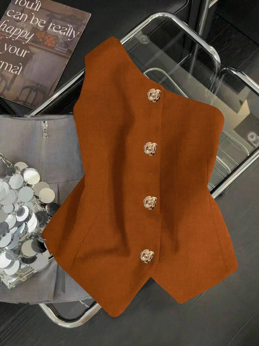 Franclia Fashionable & Elegant S-Shaped Sexy Asymmetric Shoulder Metal Buckle Decor Black Blouse For Women, Spring/Summer - Burnt Orange - View 1