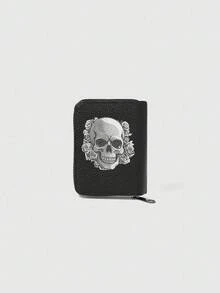 ROMWE Gothic Skull And Floral Print Wallet Multifunctional Card Holder Zipper Coin Purse Unique Gift For Independence Day & Halloween For Men Wallet Mini Wallet Purse Wallet Card Wallet - View 1