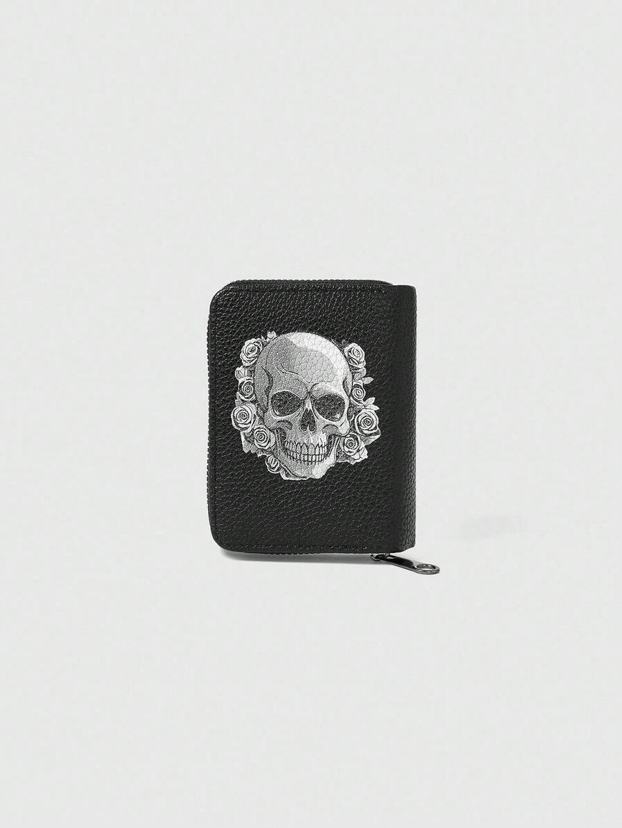 ROMWE Gothic Skull And Floral Print Wallet Multifunctional Card Holder Zipper Coin Purse Unique Gift For Independence Day & Halloween For Men Wallet Mini Wallet Purse Wallet Card Wallet - View 1
