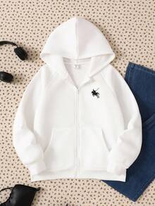 SHEIN 青少年女孩灰色纯色连帽运动衫 女童秋冬装 - 白色 - 查看 2