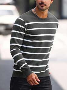 Manfinity Homme 男士撞色条纹圆领长袖毛衣，秋冬款 - 深灰色 - 查看 4