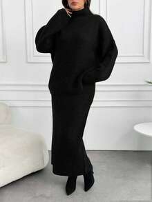 SHEIN Tall Women Sweater And Skirt Elegant Sweater Co-Ords Set Pullover And Maxi Skirt - Black - View 5