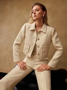 MOTF PREMIUM CHAQUETA CUADRADA DE TWEED DE LANA, INVIERNO, CITAS - Albaricoque - Ver 7