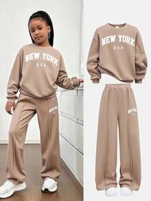 SHEIN Girlism Tween Girl Casual Everyday Round Neck New York Letter Print Sweatshirt And Straight Leg Pants Set New York Outfits Teen Sweat Set 2 Piece Set Teen Sweatpants Set Sweat Sets Tweens Comfy Fall Winter