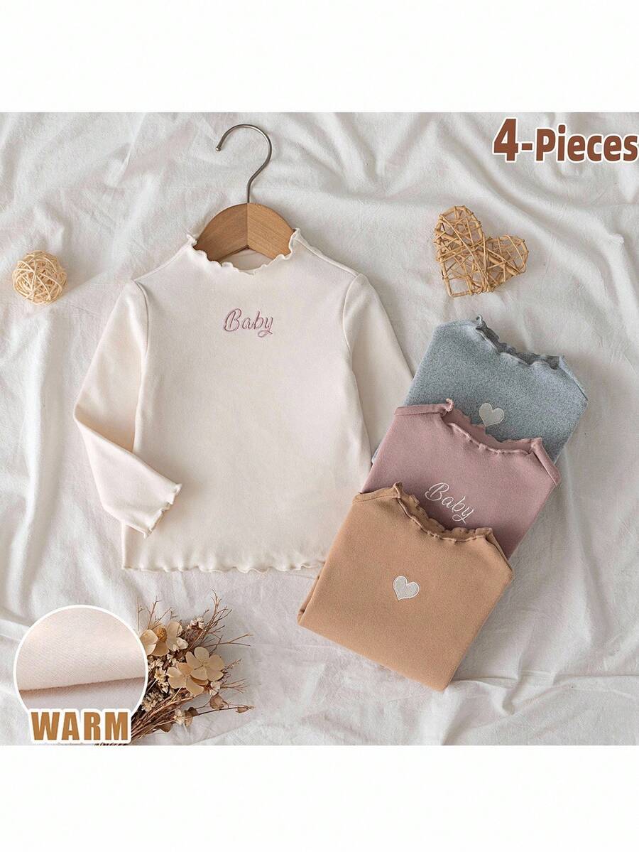 Loomiva 4件套女婴字母图案针织柔软圆领长袖套装