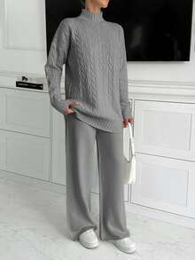 Women High Neck Sweater And Maxi Sweater Skirt 2 Two Pieces Set Co-Ords