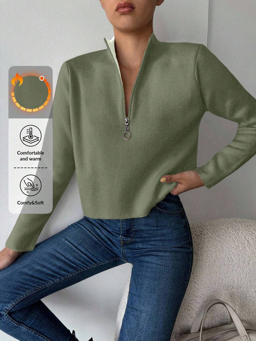 EURMUSE 女式休闲纯色立领半拉链毛衣,秋冬 - 橄欖綠 - 查看 1