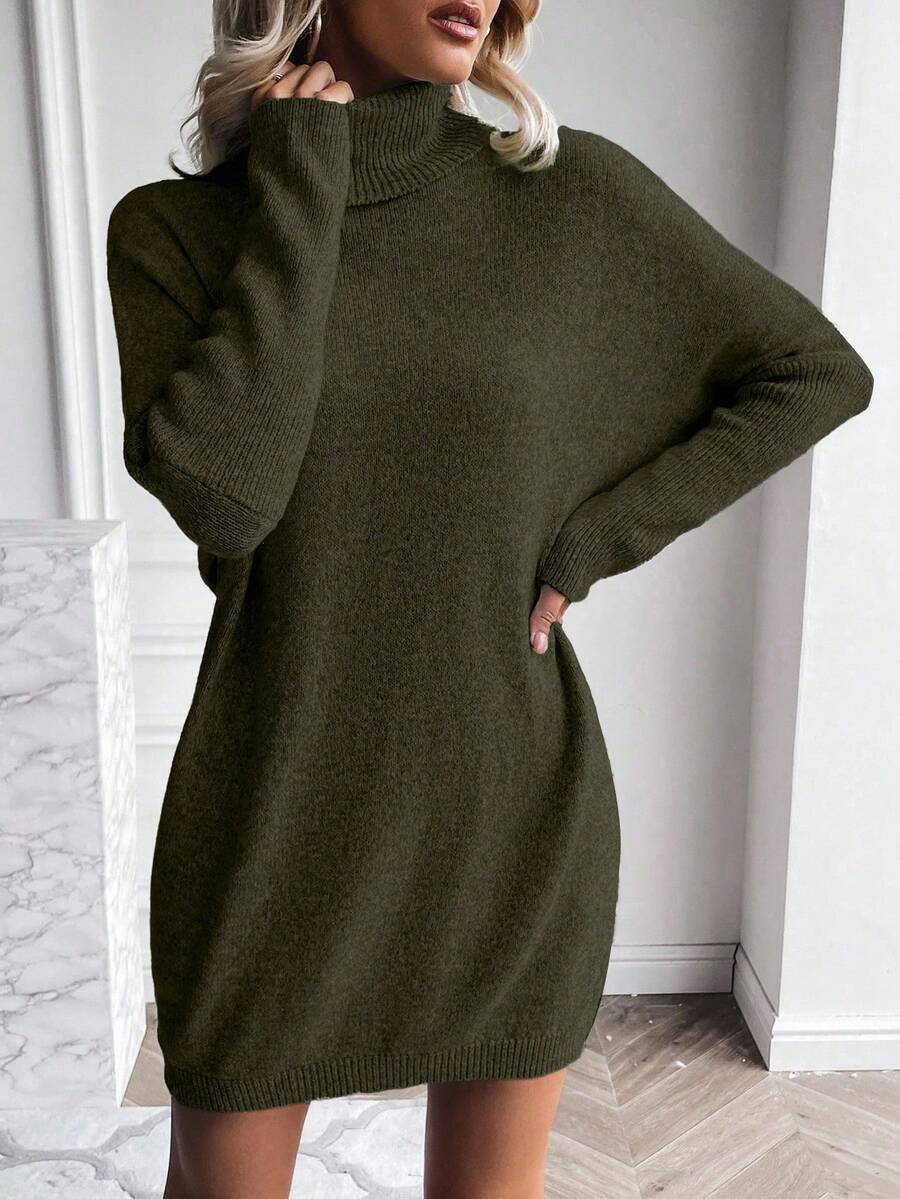 SHEIN LUNE Women's Fashionable Casual Turtleneck Short Sweater Dress - Green - View 1
