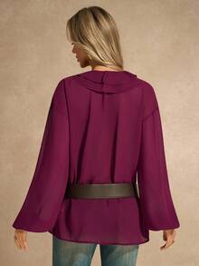 Chiquease Women's Ruched Peplum Collar Lantern Sleeve Belted Shirt - Burgundy - View 2