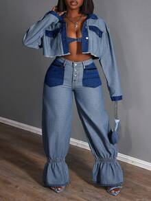 Slaydiva Quần jean ống rộng thời trang cạp cao thiết kế khóa kéo viền nhún cho nữ cỡ lớn - Rửa tối - Xem 2