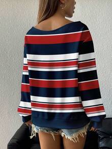 SHEIN EZwear Plus Size Women's Off-Shoulder Loose Casual Long Sleeve Lightweight Sweatshirt, Autumn/Winter Red White And Blue Outfit Women Fourth Of July Top Long Sleeve Summer Top Red White And Blue Top Striped Long Sleeve
