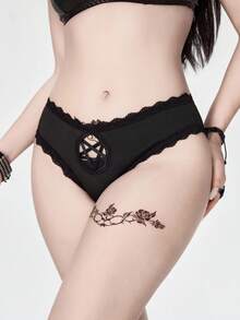 ROMWE Gothic Pentagram Hollow Lace Patchwork Sexy Women's Thong Panties - Black - View 4