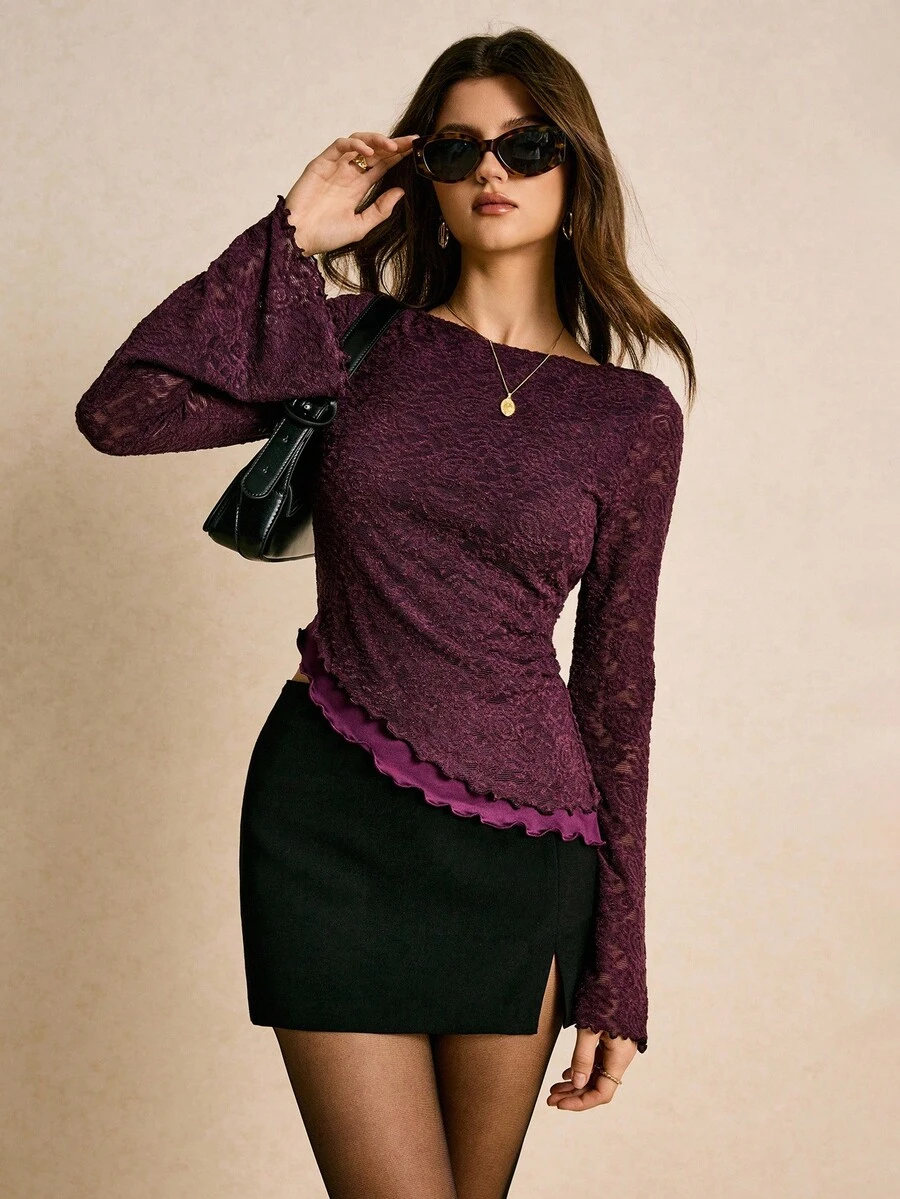 Poéselle Floral Lace Fluted-Sleeve Blouse – Asymmetric Lettuce-Hem Slim Fit Top,Women's Elegant Commuter Solid Color Lace Flare Sleeve T-Shirt,Lace Top Women, Burgundy Lace Blouse, Bell Sleeve Top, Lettuce Hem Shirt, Romantic Date Night Outfit, Fairycore Fashion, Quiet Luxury Top, Fall Evening Blouse, Going Out Top, Elegant Long Sleeve Shirt Purple Tops For Women Purple Lace Top Lace Long Sleeve Top
