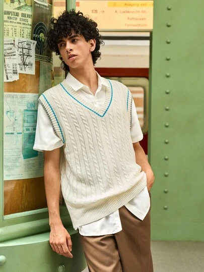 Open Phase STONE DISTRICT 复古V领学院风针织背心，撞色麻花针织无袖背心，适合秋冬