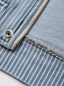 DAZY 女式休闲翻领条纹拼接牛仔夹克，秋季 - 藍色 - 查看 8