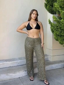 Nezia Cruz Quần ống rộng đan móc sequin thanh lịch mùa hè cho nữ Ibiza Boho Vacation Holiday Beach - Màu xanh Ô liu - Xem 4