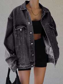 DAZY Women's Loose Fit Denim Jacket And Coat - Black - View 5