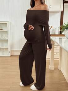SHEIN 2pcs Maternity Set: Solid Color Fitted Long Sleeve Top And Wide Leg Pants - Brown - View 6