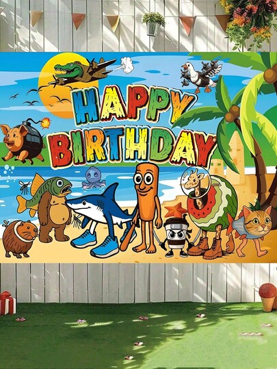 Conjunto de decoração para festa de aniversário com tema "Italian Brainrot" (1 peça), incluindo faixa de "Feliz Aniversário", balões, toppers para cupcakes e decoração com animais de desenho animado (faixa de fundo).