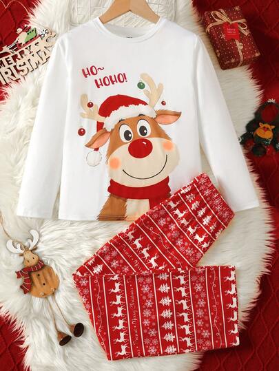 SHEIN Tween Girl Casual Comfortable Round Neck Pullover Christmas T-Shirt And Flame Retardant Pants Pajama Set