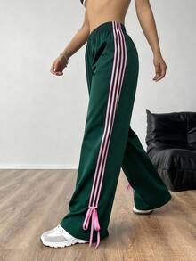SHEIN EZwear 秋季休闲橄榄绿撞色侧条纹织带工装裤 - 墨綠色 - 查看 6