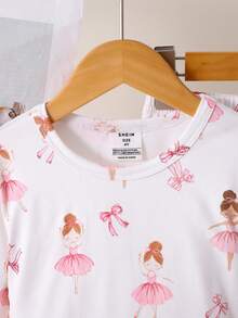 SHEIN 年轻女孩休闲舒适卡通印花圆领长袖上衣和裤子家居服套装