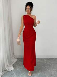 Elenzga 女士无袖斜肩束腰优雅浪漫花卉印花连衣裙 - 紅色 - 查看 6