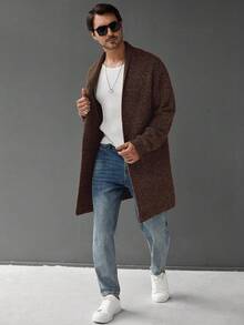 Manfinity Homme Men's Solid Color Drop Shoulder Casual Loose Knit Ribbed Long Sleeve Cardigan, Fall/Winter - Rust Brown - View 5