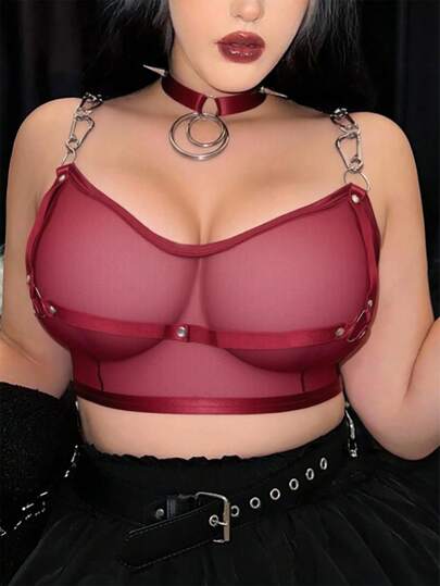 Grunge Punk Sujetador transparente y sexy de talla grande con anillos metálicos de estilo punk oscuro para festivales de música