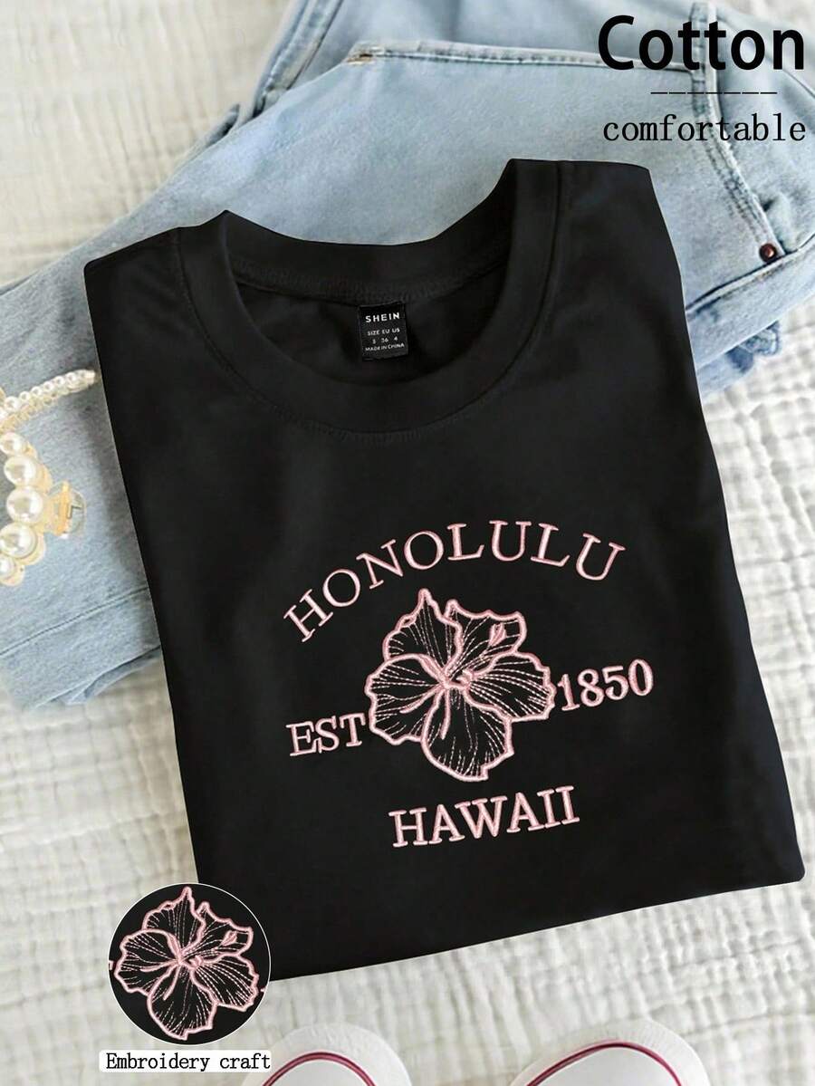 Airaco Áo thun nữ cổ tròn thêu hoa dâm bụt và khẩu hiệu màu tương phản mùa hè - màu đen - Xem 1