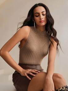 Anewsta 水钻刺绣无袖高领毛衣背心，紧身针织上衣