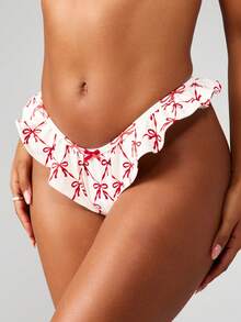 MISSGUIDED 女士复古荷叶边丁字裤，带有节日红色蝴蝶结印花图案，褶边高腰节日内衣，低腰内裤，派对礼物 - 紅色 - 查看 3