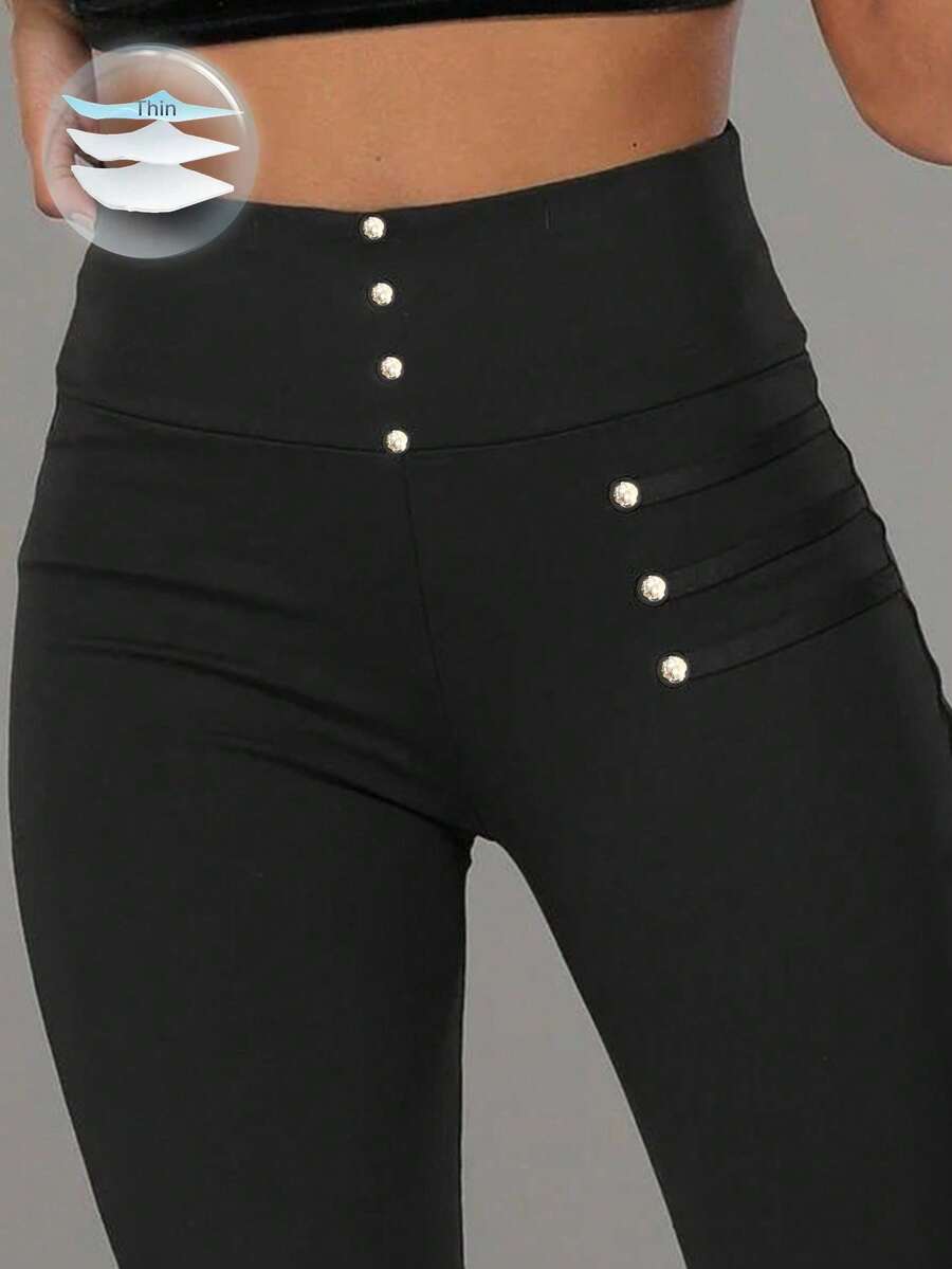 EMERY ROSE Casual skinny byxor med hög midja med metallspänne - Svart - Visa 1
