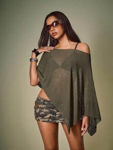 Y2Kool BiGraphic Cubre superior de punto calado en verde oliva, parte superior versátil para mujer con mangas de murciélago, poncho, parte superior de verano, parte superior de punto, camuflaje para mujer, atuendo de tema de la jungla, atuendo de camuflaje para mujer, atuendo de concierto para mujer, ropa casual y elegante, nueva colección, atuendos de Año Nuevo