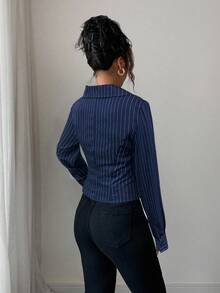 Rafferiza 法式優雅長袖直條紋女款襯衫 - 寶藍色 - 查看 2