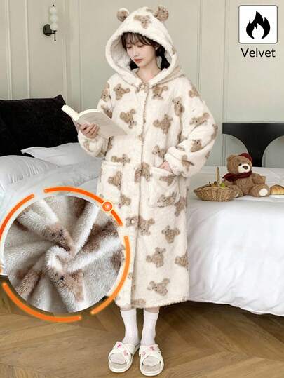 Szlafrok dla nastolatek z nadrukiem niedźwiedzia brunatnego, długi rękaw, kaptur, kieszenie, dwustronny polar, gruby, piżama, jesień/zima
