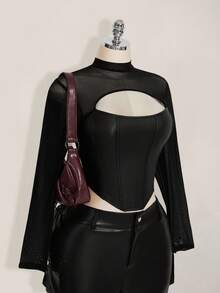 SHEIN ICON Women's Plus Size Autumn/Winter Retro Sexy Casual Fashion Bold Avant-Garde Mesh Patchwork PU Hollow-Out Black Long-Sleeved Fitted T-Shirt - Black - View 5