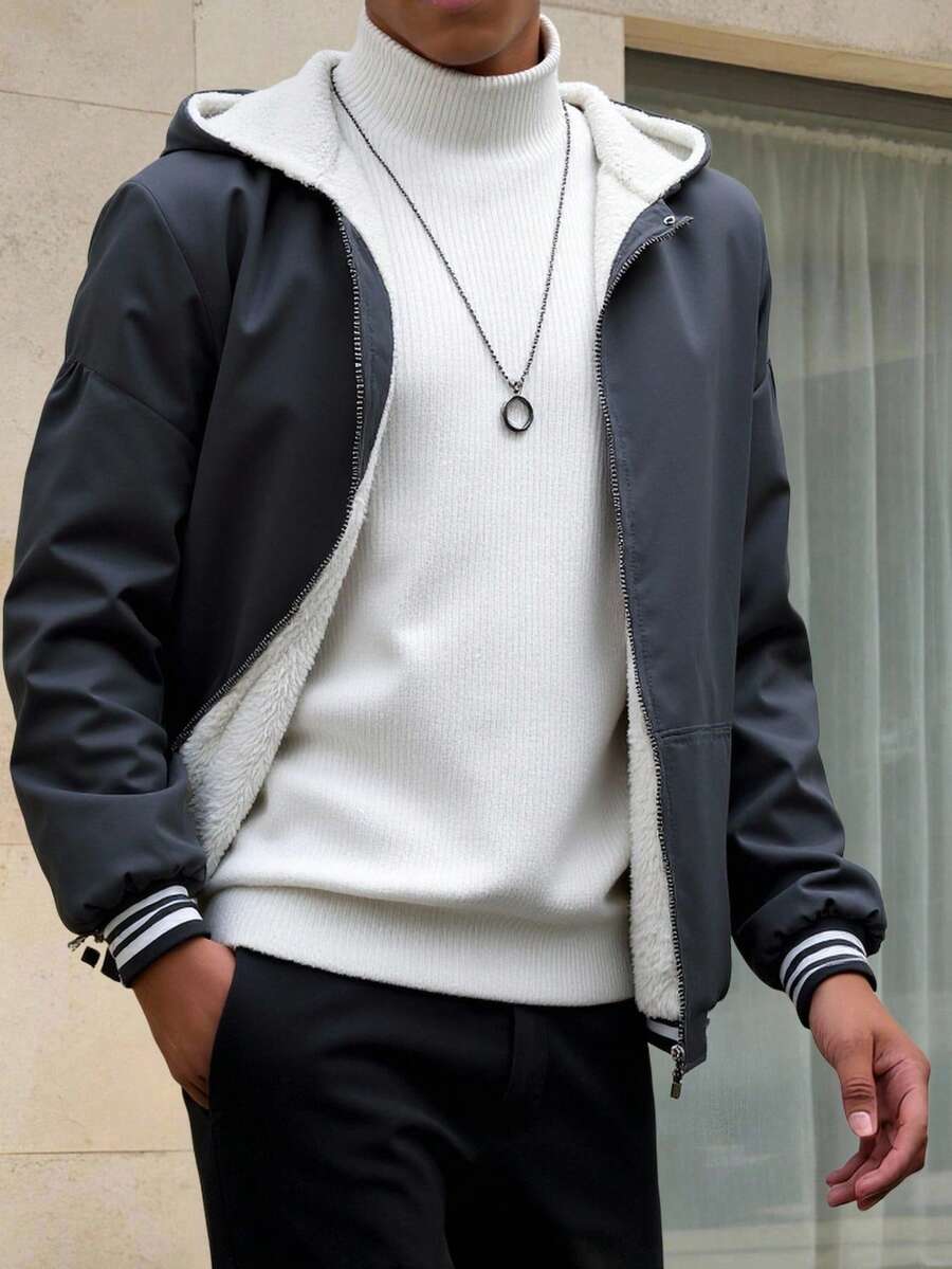 青少年男孩休闲保暖连帽夹克,秋冬 - 灰色 - 查看 1