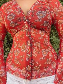 Nezia Cruz 女士度假印花衬衫，简约时尚休闲日常穿着 - 紅色 - 查看 5